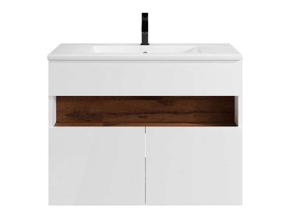 Vente-unique Móvel De Casa De Banho Suspenso Com Leds E Lavatório De Encastrar, Branco E Natural Escuro C80 Cm - Pozega* Móvel Lavatório Individual