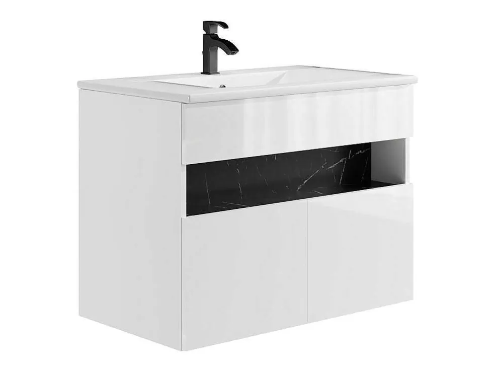 Vente-unique Móvel De Casa De Banho Suspenso Com Leds E Lavatório De Encastrar, Branco E Preto Efeito Marmore C80 Cm - Pozega* Móvel Lavatório Individual