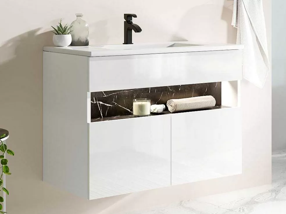 Vente-unique Móvel De Casa De Banho Suspenso Com Leds E Lavatório De Encastrar, Branco E Preto Efeito Marmore C80 Cm - Pozega* Móvel Lavatório Individual