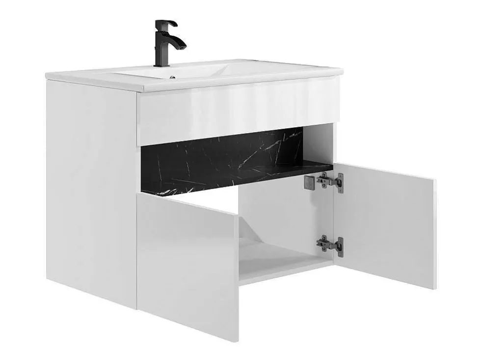 Vente-unique Móvel De Casa De Banho Suspenso Com Leds E Lavatório De Encastrar, Branco E Preto Efeito Marmore C80 Cm - Pozega* Móvel Lavatório Individual