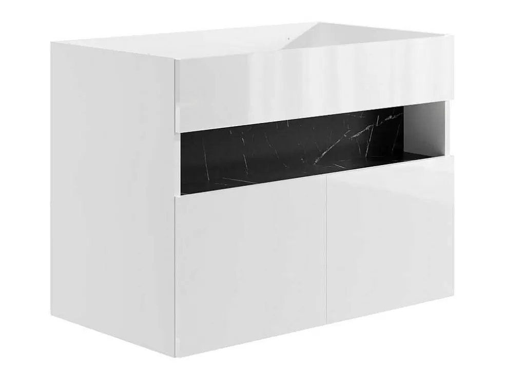 Vente-unique Móvel De Casa De Banho Suspenso Com Leds E Lavatório De Encastrar, Branco E Preto Efeito Marmore C80 Cm - Pozega* Móvel Lavatório Individual