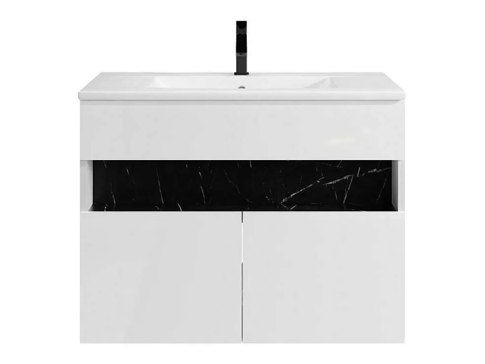 Vente-unique Móvel De Casa De Banho Suspenso Com Leds E Lavatório De Encastrar, Branco E Preto Efeito Marmore C80 Cm - Pozega* Móvel Lavatório Individual