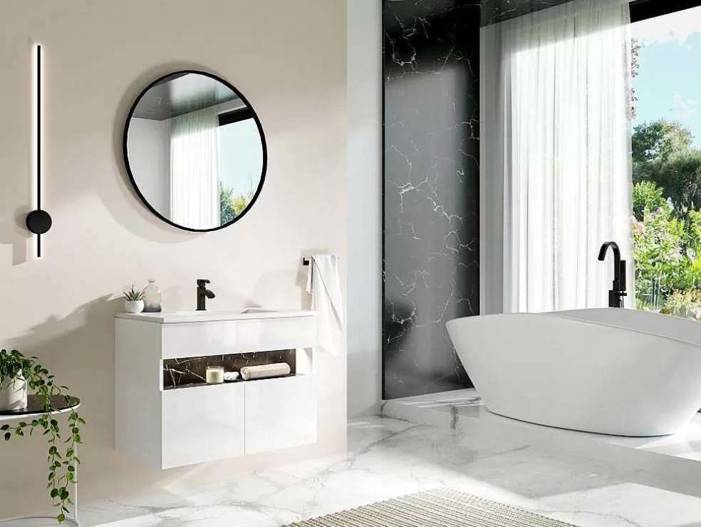 Vente-unique Móvel De Casa De Banho Suspenso Com Leds E Lavatório De Encastrar, Branco E Preto Efeito Marmore C80 Cm - Pozega* Móvel Lavatório Individual