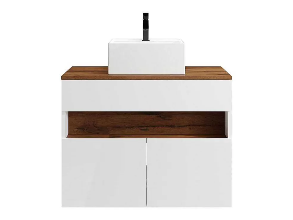 Vente-unique Móvel De Casa De Banho Suspenso Com Leds E Lavatório De Pousar, Branco E Natural Escuro C80 Cm - Pozega* Móvel Lavatório Individual
