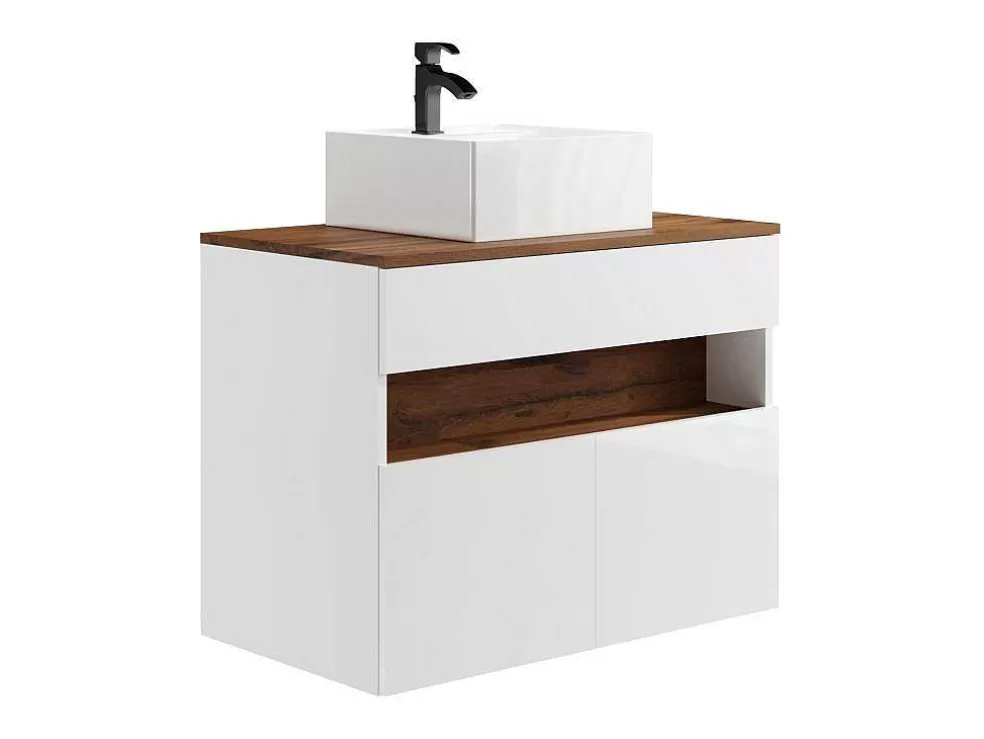 Vente-unique Móvel De Casa De Banho Suspenso Com Leds E Lavatório De Pousar, Branco E Natural Escuro C80 Cm - Pozega* Móvel Lavatório Individual