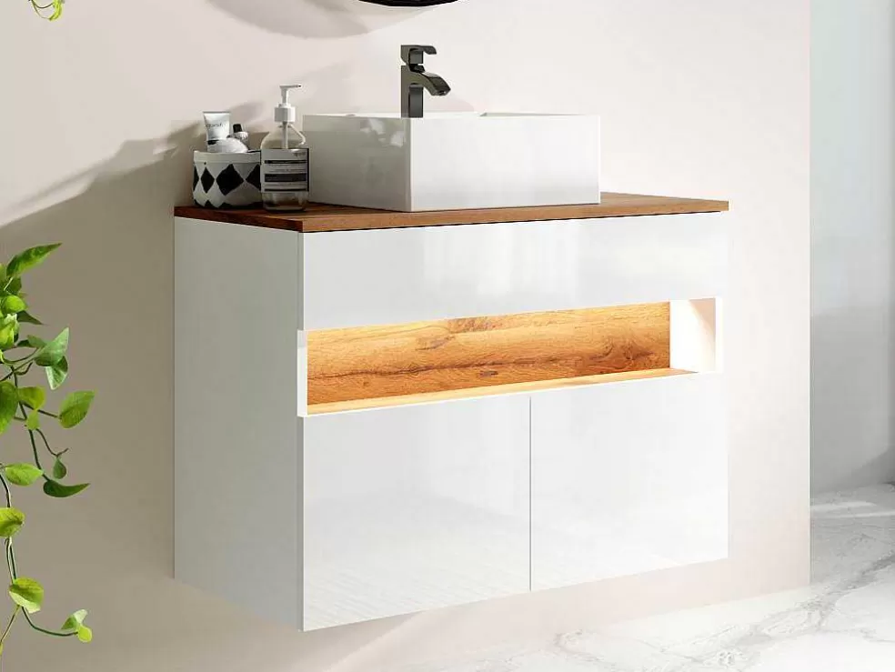 Vente-unique Móvel De Casa De Banho Suspenso Com Leds E Lavatório De Pousar, Branco E Natural Escuro C80 Cm - Pozega* Móvel Lavatório Individual