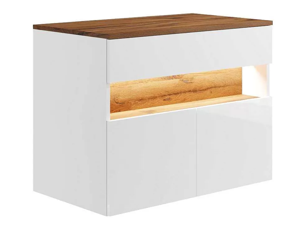 Vente-unique Móvel De Casa De Banho Suspenso Com Leds E Lavatório De Pousar, Branco E Natural Escuro C80 Cm - Pozega* Móvel Lavatório Individual