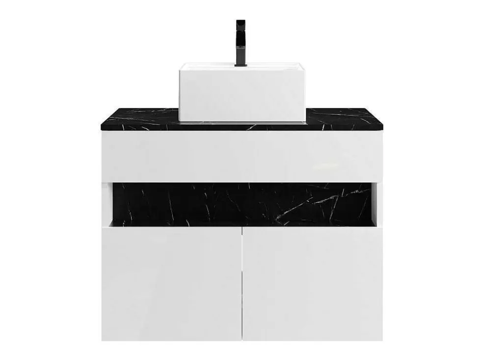 Vente-unique Móvel De Casa De Banho Suspenso Com Leds E Lavatório De Pousar, Branco E Preto Efeito Marmore C80 Cm - Pozega* Móvel Lavatório Individual