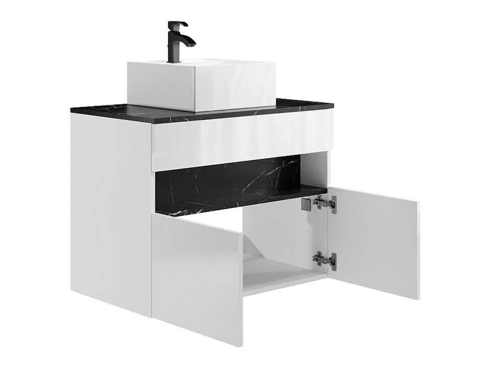 Vente-unique Móvel De Casa De Banho Suspenso Com Leds E Lavatório De Pousar, Branco E Preto Efeito Marmore C80 Cm - Pozega* Móvel Lavatório Individual