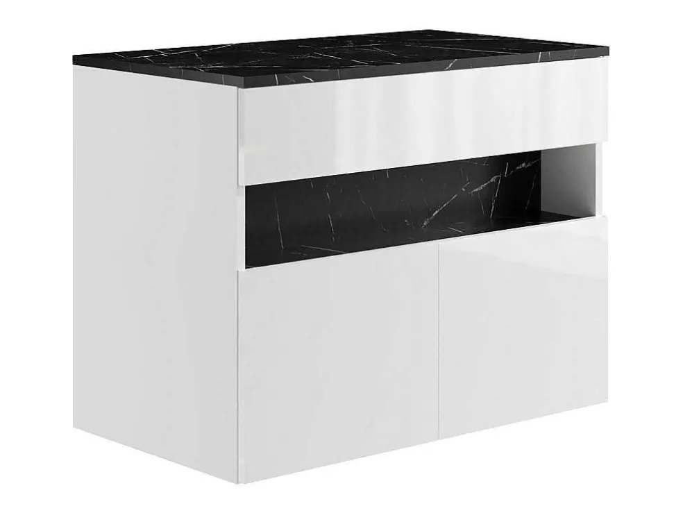 Vente-unique Móvel De Casa De Banho Suspenso Com Leds E Lavatório De Pousar, Branco E Preto Efeito Marmore C80 Cm - Pozega* Móvel Lavatório Individual
