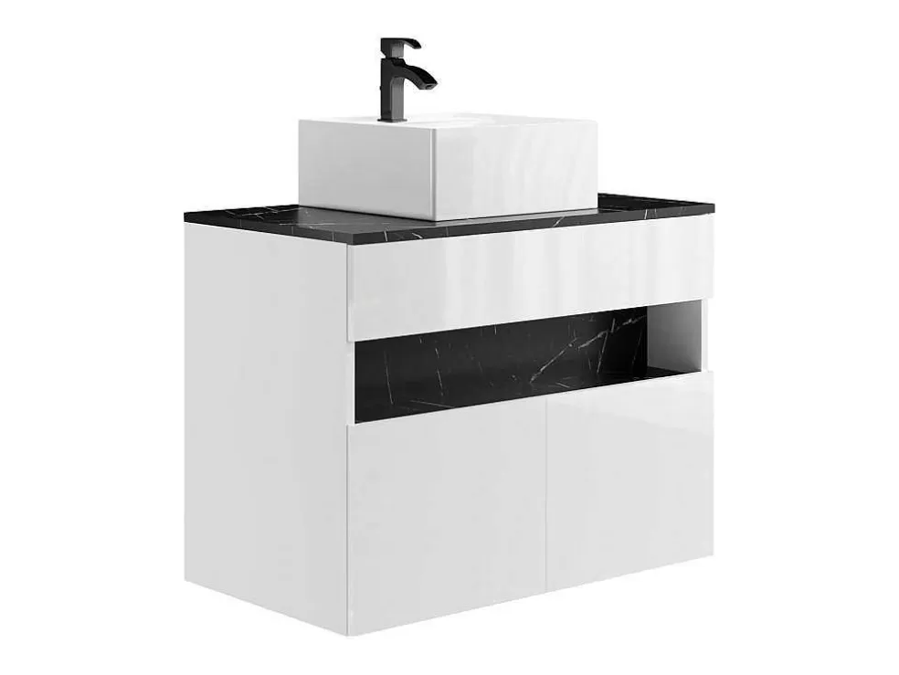 Vente-unique Móvel De Casa De Banho Suspenso Com Leds E Lavatório De Pousar, Branco E Preto Efeito Marmore C80 Cm - Pozega* Móvel Lavatório Individual
