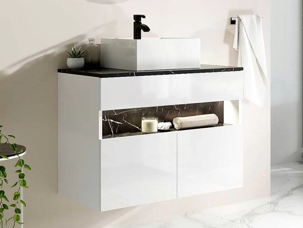 Vente-unique Móvel De Casa De Banho Suspenso Com Leds E Lavatório De Pousar, Branco E Preto Efeito Marmore C80 Cm - Pozega* Móvel Lavatório Individual
