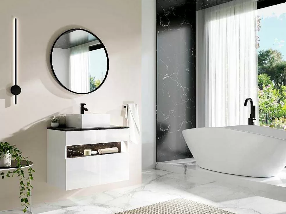 Vente-unique Móvel De Casa De Banho Suspenso Com Leds E Lavatório De Pousar, Branco E Preto Efeito Marmore C80 Cm - Pozega* Móvel Lavatório Individual
