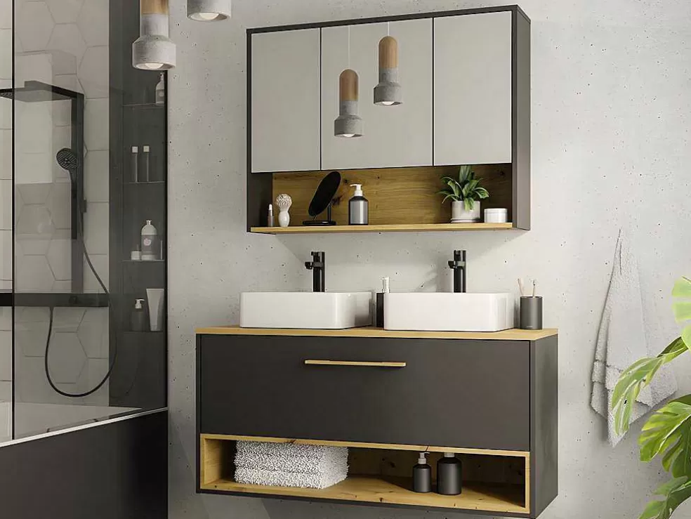 Vente-unique Móvel De Casa De Banho Suspenso Cor Antracite Com Lavatório Duplo E Armário De Casa De Banho De 120 Cm - Yangra* Móvel Lavatório Duplo