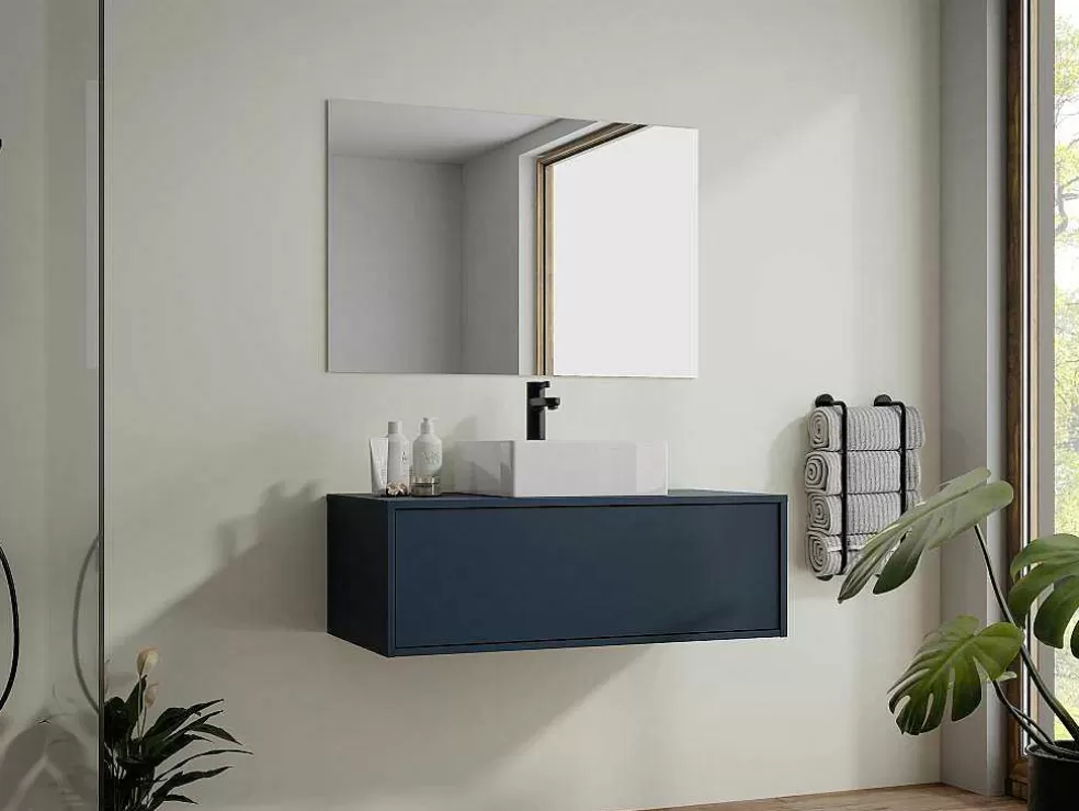 Vente-unique Móvel De Casa De Banho Suspenso Cor Azul-Escuro Com Lavatório Individual 94 Cm - Teana Ii* Móvel Lavatório Individual