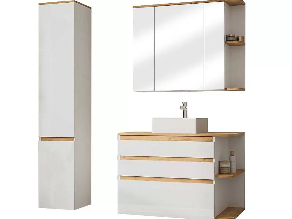 Vente-unique Móvel De Casa De Banho Suspenso Cor Madeira E Branco Com Lavatório Individual, Coluna E Armário De Casa De Banho 94 Cm - Anida* Móvel Lavatório Individual