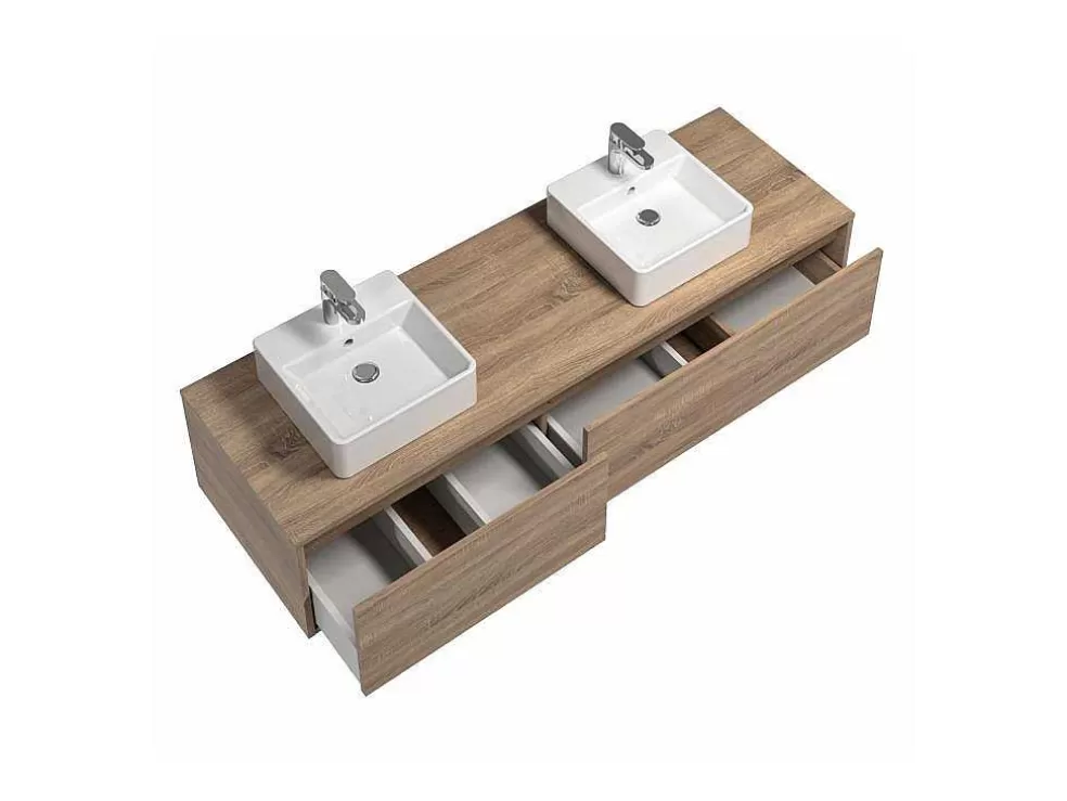 Vente-unique Móvel De Casa De Banho Suspenso Cor Natural Clara Com Lavatório Duplo C150 Cm - Isaure Ii* Móvel Lavatório Duplo