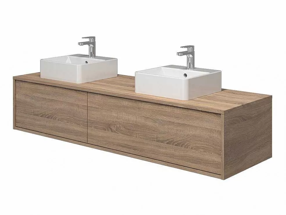 Vente-unique Móvel De Casa De Banho Suspenso Cor Natural Clara Com Lavatório Duplo C150 Cm - Isaure Ii* Móvel Lavatório Duplo