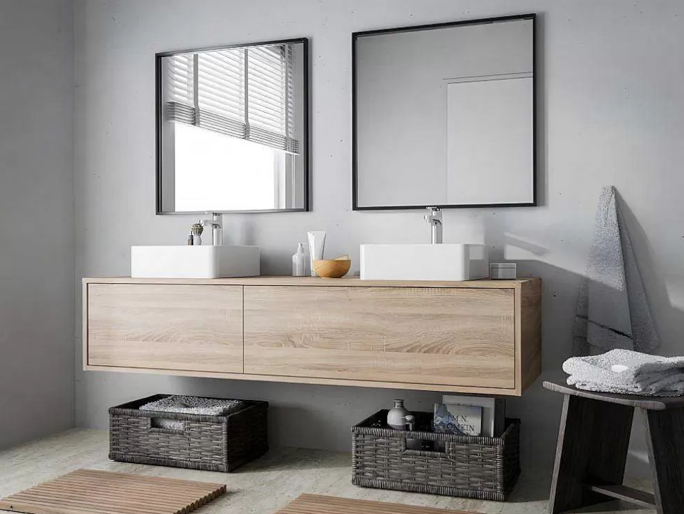 Vente-unique Móvel De Casa De Banho Suspenso Cor Natural Clara Com Lavatório Duplo C150 Cm - Isaure Ii* Móvel Lavatório Duplo