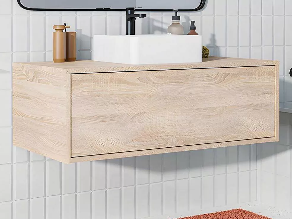 Vente-unique Móvel De Casa De Banho Suspenso Cor Natural Claro Com Lavatório Individual - Teana* Móvel Lavatório Individual