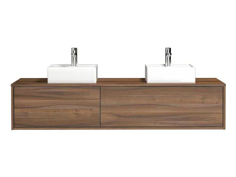 Vente-unique Móvel De Casa De Banho Suspenso Cor Natural Escura Com Lavatório Duplo C150 Cm - Isaure Ii* Móvel Lavatório Duplo