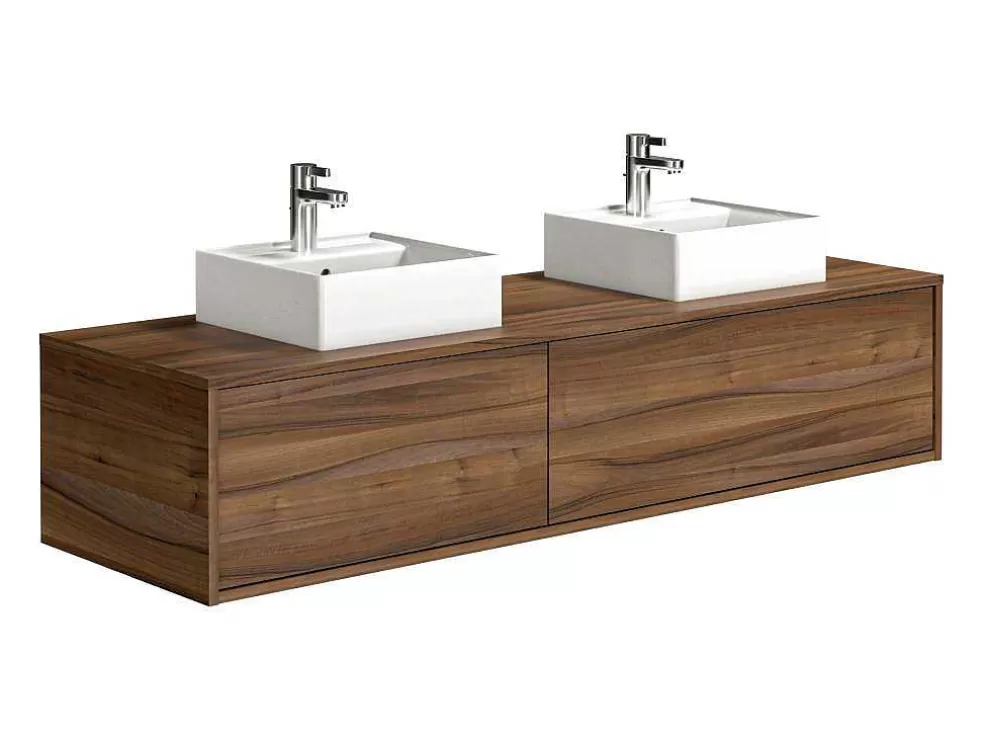 Vente-unique Móvel De Casa De Banho Suspenso Cor Natural Escura Com Lavatório Duplo C150 Cm - Isaure Ii* Móvel Lavatório Duplo