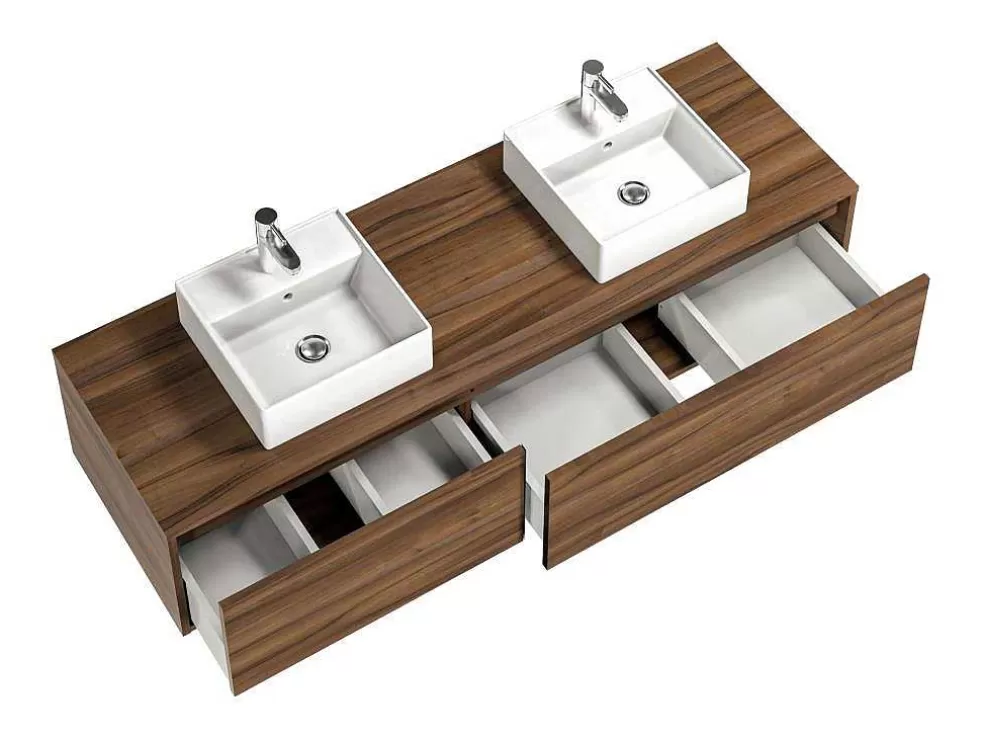 Vente-unique Móvel De Casa De Banho Suspenso Cor Natural Escura Com Lavatório Duplo C150 Cm - Isaure Ii* Móvel Lavatório Duplo