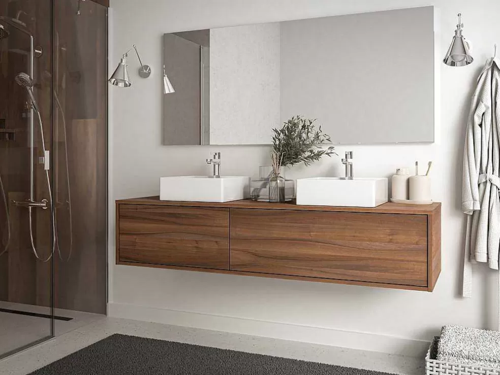 Vente-unique Móvel De Casa De Banho Suspenso Cor Natural Escura Com Lavatório Duplo C150 Cm - Isaure Ii* Móvel Lavatório Duplo