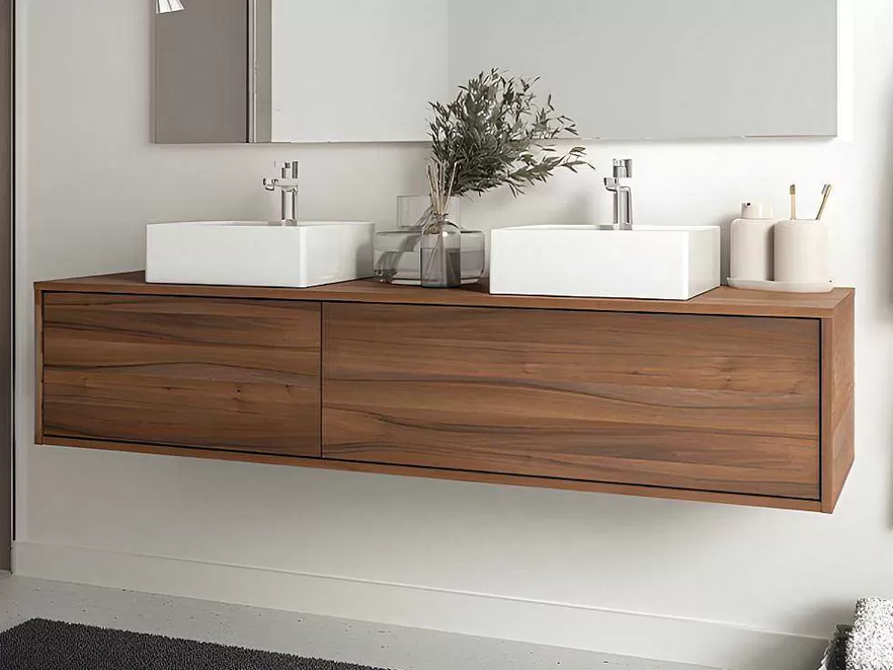 Vente-unique Móvel De Casa De Banho Suspenso Cor Natural Escura Com Lavatório Duplo C150 Cm - Isaure Ii* Móvel Lavatório Duplo