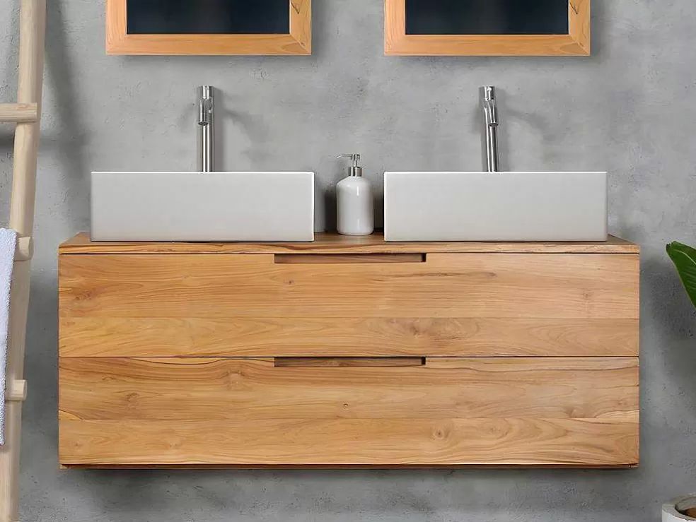 Vente-unique Móvel De Casa De Banho Suspenso Em Teca Clara Com Lavatório Duplo Com 2 Gavetas De 115 Cm - Bimbing* Móvel Lavatório Duplo