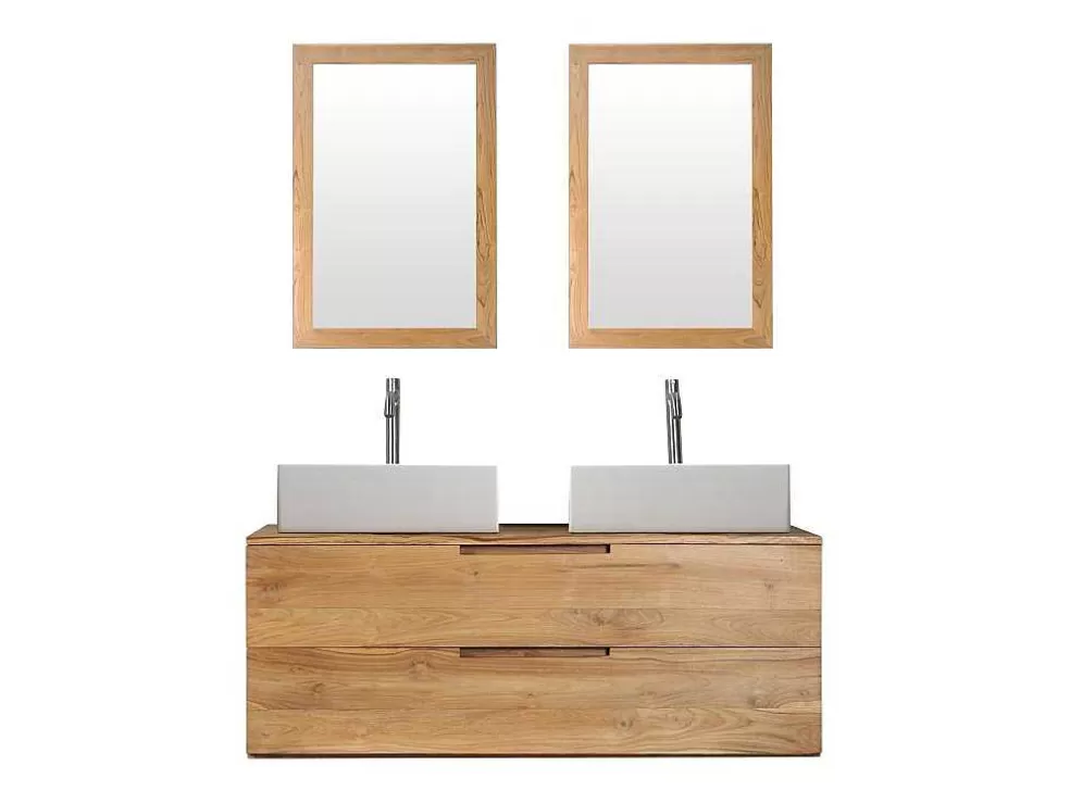 Vente-unique Móvel De Casa De Banho Suspenso Em Teca Clara Com Lavatório Duplo E Espelhos Com 2 Gavetas De 115 Cm - Bimbing* Móvel Lavatório Duplo