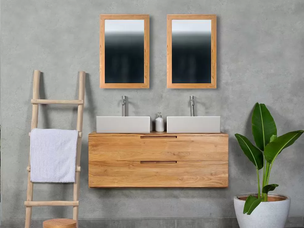 Vente-unique Móvel De Casa De Banho Suspenso Em Teca Clara Com Lavatório Duplo E Espelhos Com 2 Gavetas De 115 Cm - Bimbing* Móvel Lavatório Duplo