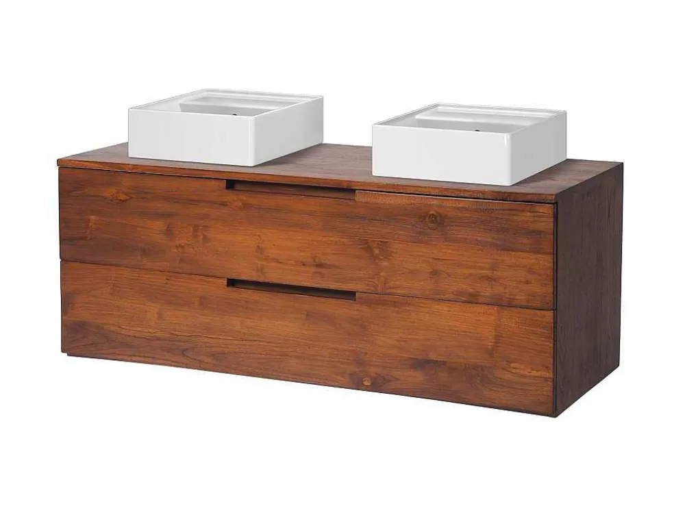 Vente-unique Móvel De Casa De Banho Suspenso Em Teca Escura Com Lavatório Duplo Com 2 Gavetas De 115 Cm - Bimbing* Móvel Lavatório Duplo