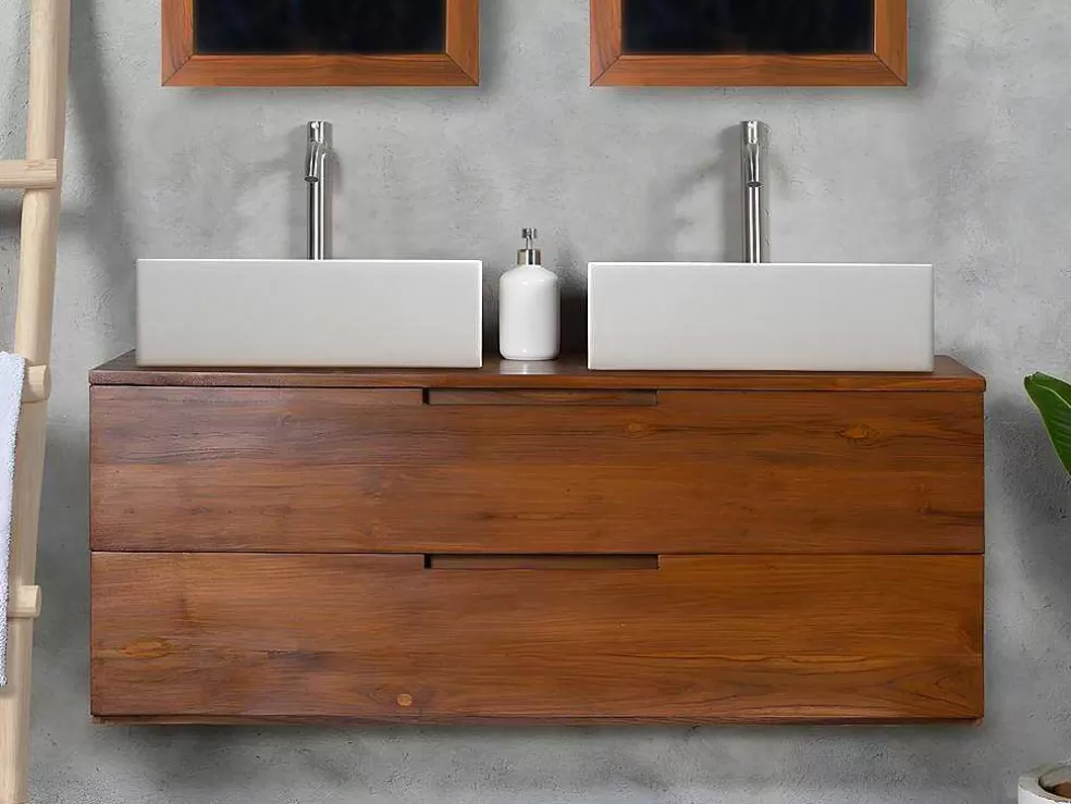 Vente-unique Móvel De Casa De Banho Suspenso Em Teca Escura Com Lavatório Duplo Com 2 Gavetas De 115 Cm - Bimbing* Móvel Lavatório Duplo
