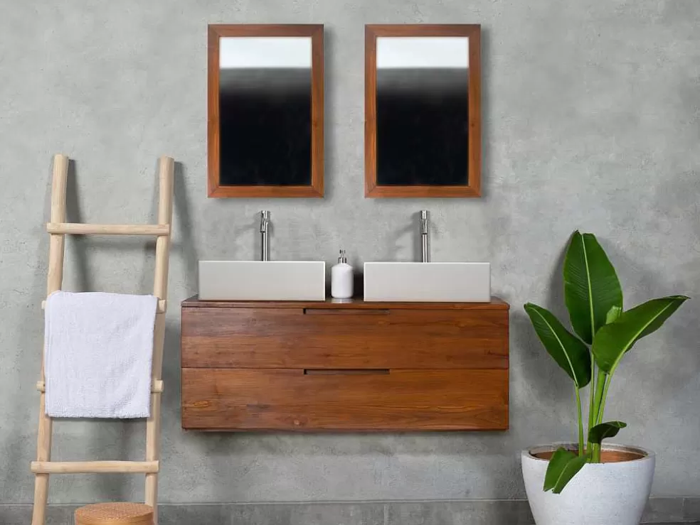 Vente-unique Móvel De Casa De Banho Suspenso Em Teca Escura Com Lavatório Duplo Com 2 Gavetas De 115 Cm - Bimbing* Móvel Lavatório Duplo