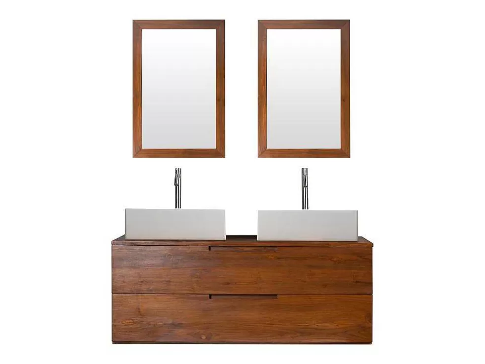 Vente-unique Móvel De Casa De Banho Suspenso Em Teca Escura Com Lavatório Duplo E Espelhos Com 2 Gavetas De 115 Cm - Bimbing* Móvel Lavatório Duplo