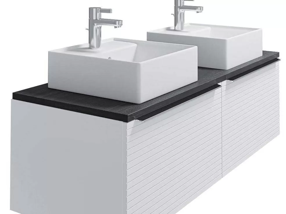 Vente-unique Móvel De Casa De Banho Suspenso Estriado Branco Com Lavatório Duplo De Pousar 120 Cm - Latoma* Móvel Lavatório Duplo
