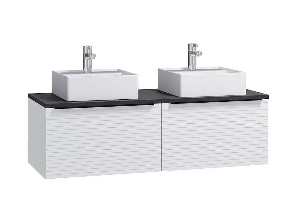 Vente-unique Móvel De Casa De Banho Suspenso Estriado Branco Com Lavatório Duplo De Pousar 120 Cm - Latoma* Móvel Lavatório Duplo