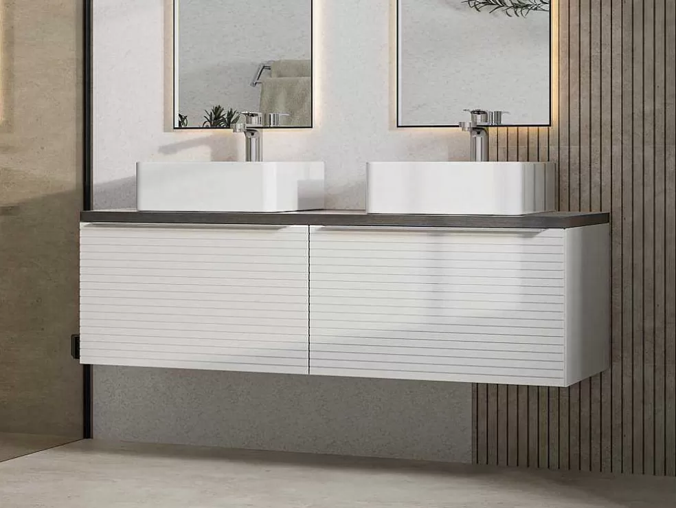 Vente-unique Móvel De Casa De Banho Suspenso Estriado Branco Com Lavatório Duplo De Pousar 120 Cm - Latoma* Móvel Lavatório Duplo