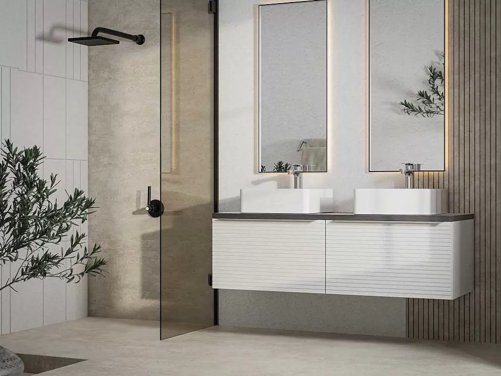 Vente-unique Móvel De Casa De Banho Suspenso Estriado Branco Com Lavatório Duplo De Pousar 120 Cm - Latoma* Móvel Lavatório Duplo