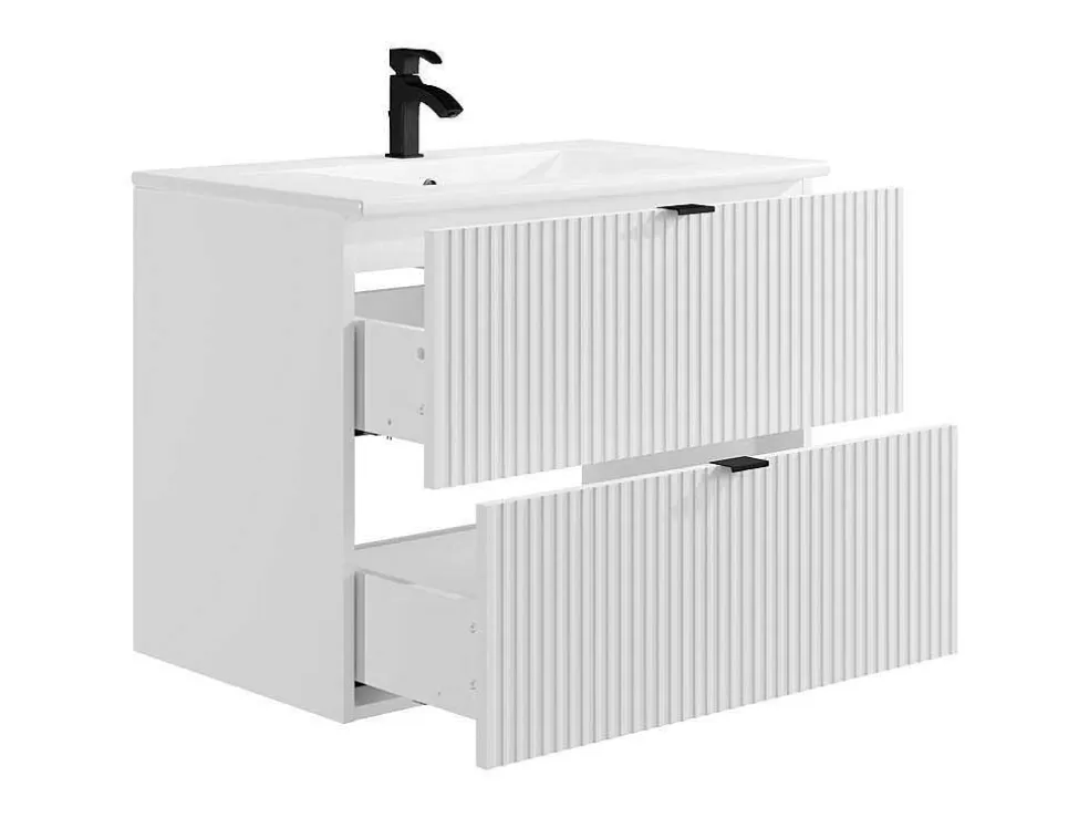 Vente-unique Móvel De Casa De Banho Suspenso Estriado Com Lavatório De Encastrar Branco C80 Cm - Zevini* Móvel Lavatório Individual