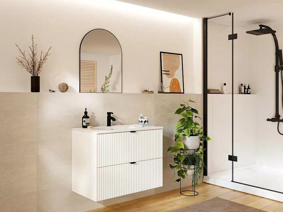 Vente-unique Móvel De Casa De Banho Suspenso Estriado Com Lavatório De Encastrar Branco C80 Cm - Zevini* Móvel Lavatório Individual