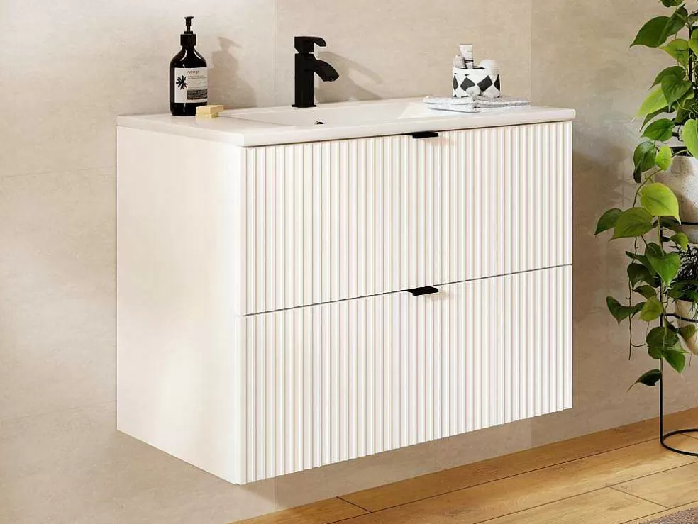 Vente-unique Móvel De Casa De Banho Suspenso Estriado Com Lavatório De Encastrar Branco C80 Cm - Zevini* Móvel Lavatório Individual