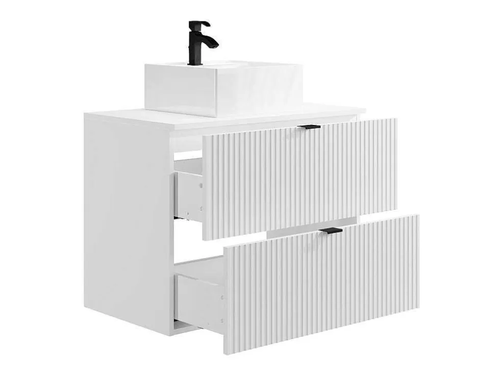 Vente-unique Móvel De Casa De Banho Suspenso Estriado Com Lavatório De Pousar Branco C80 Cm - Zevini* Móvel Lavatório Individual