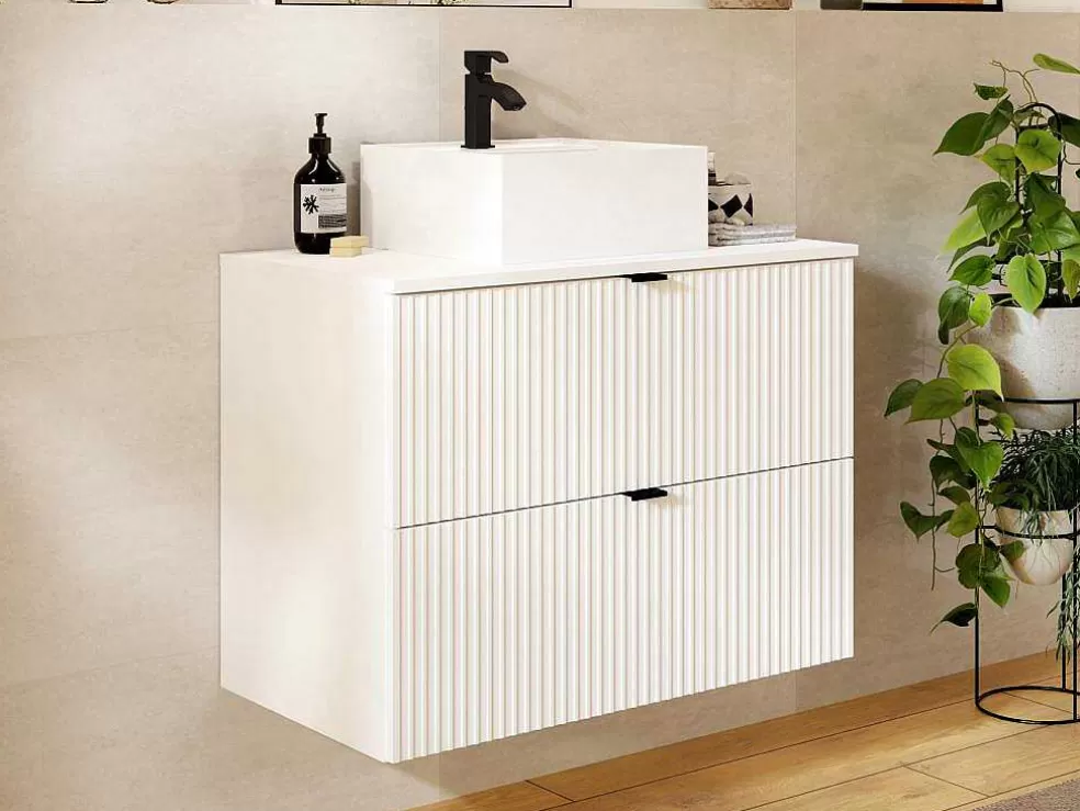Vente-unique Móvel De Casa De Banho Suspenso Estriado Com Lavatório De Pousar Branco C80 Cm - Zevini* Móvel Lavatório Individual