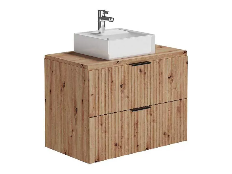 Vente-unique Móvel De Casa De Banho Suspenso Estriado Com Lavatório De Pousar Natural Claro 80 Cm - Zevara* Móvel Lavatório Individual