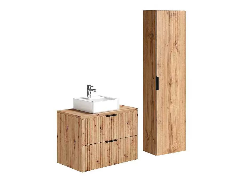 Vente-unique Móvel De Casa De Banho Suspenso Estriado Com Lavatório De Pousar Natural Claro 80 Cm - Zevara* Móvel Lavatório Individual