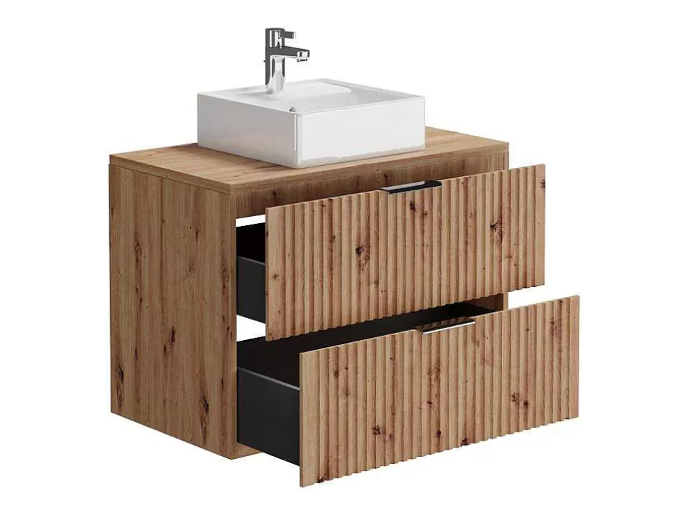 Vente-unique Móvel De Casa De Banho Suspenso Estriado Com Lavatório De Pousar Natural Claro 80 Cm - Zevara* Móvel Lavatório Individual