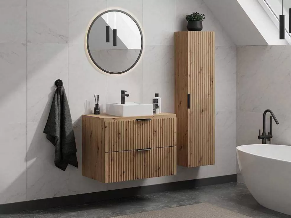 Vente-unique Móvel De Casa De Banho Suspenso Estriado Com Lavatório De Pousar Natural Claro 80 Cm - Zevara* Móvel Lavatório Individual