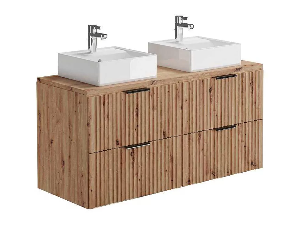 Vente-unique Móvel De Casa De Banho Suspenso Estriado Com Lavatório De Pousar Natural Claro C120 Cm - Zevara* Móvel Lavatório Duplo
